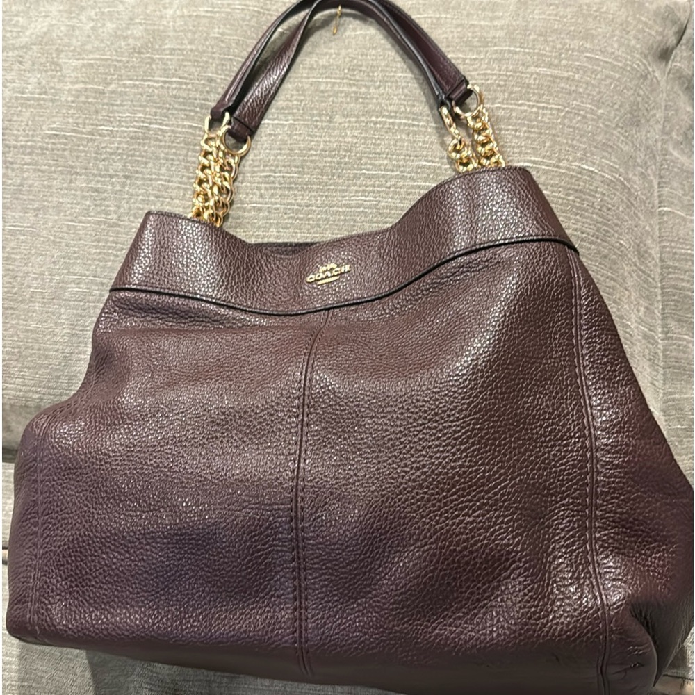 Coach brown leather purse with yellow tone chain accents